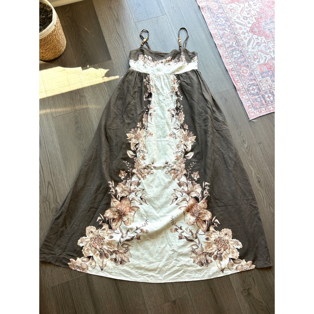 House of Harlow 1960 Brown Floral Linen Blend Maxi Dress Beaded Straps NWT Small